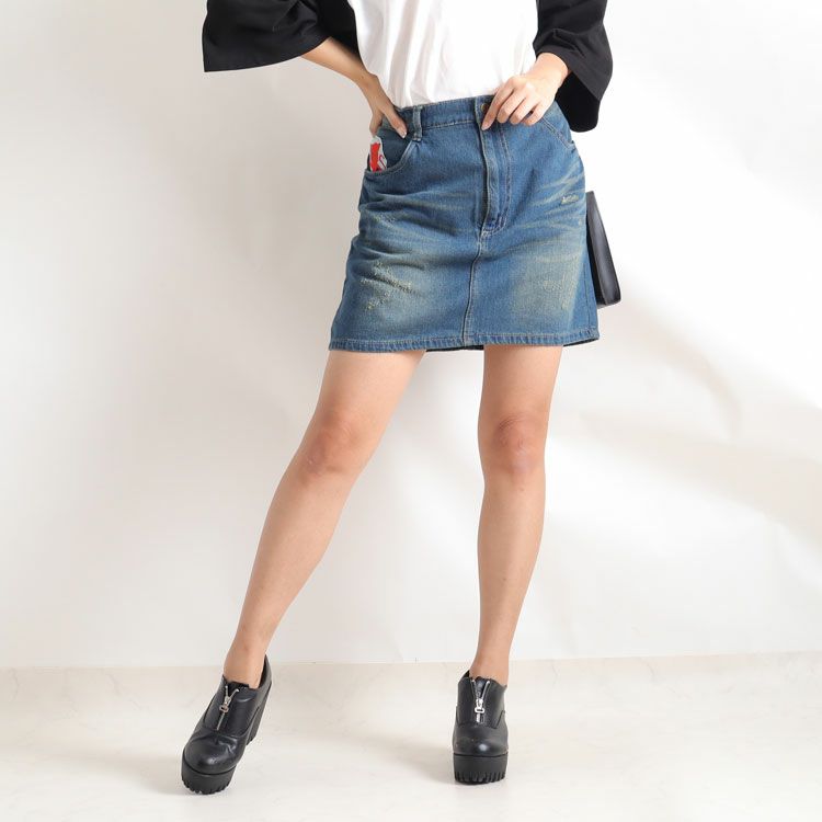 大きいサイズ レディース ワッペン付き台形デニムスカート　tkb-0003