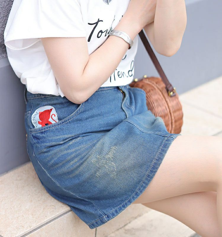 大きいサイズ レディース ワッペン付き台形デニムスカート　tkb-0003