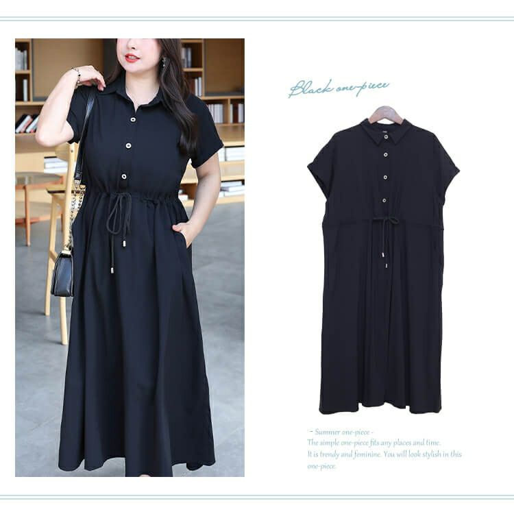 大きいサイズ レディース ウエストマークブラックワンピース goldy-718