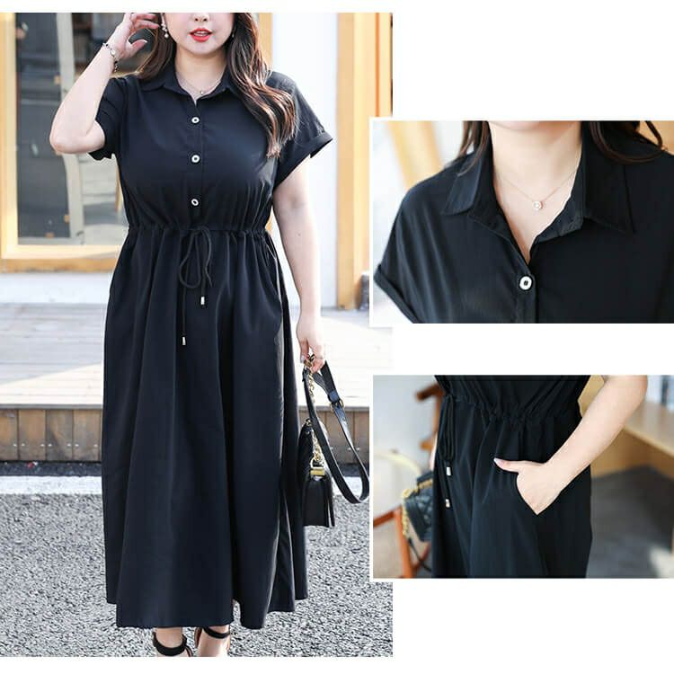 大きいサイズ レディース ウエストマークブラックワンピース　goldy-718 【メール便可】