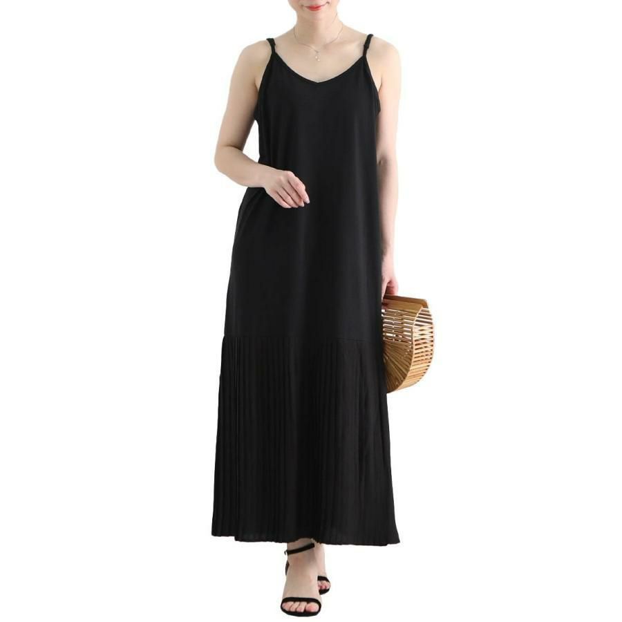 大きいサイズ レディース ペチコートプリーツキャミソールワンピース　gold860 ブラック