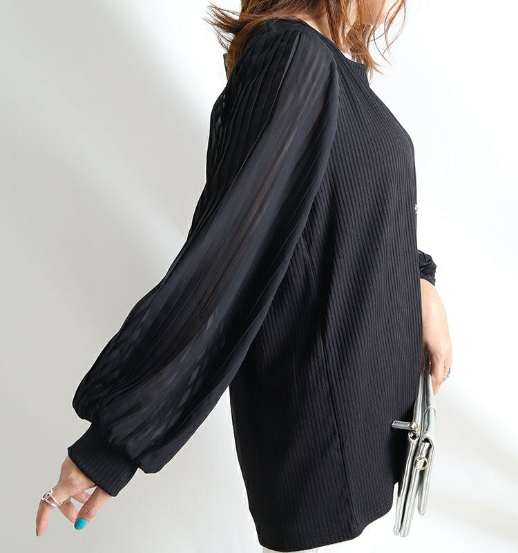 大きいサイズ レディース 袖シフォンプリーツリブニットシャツ　mncut-112430