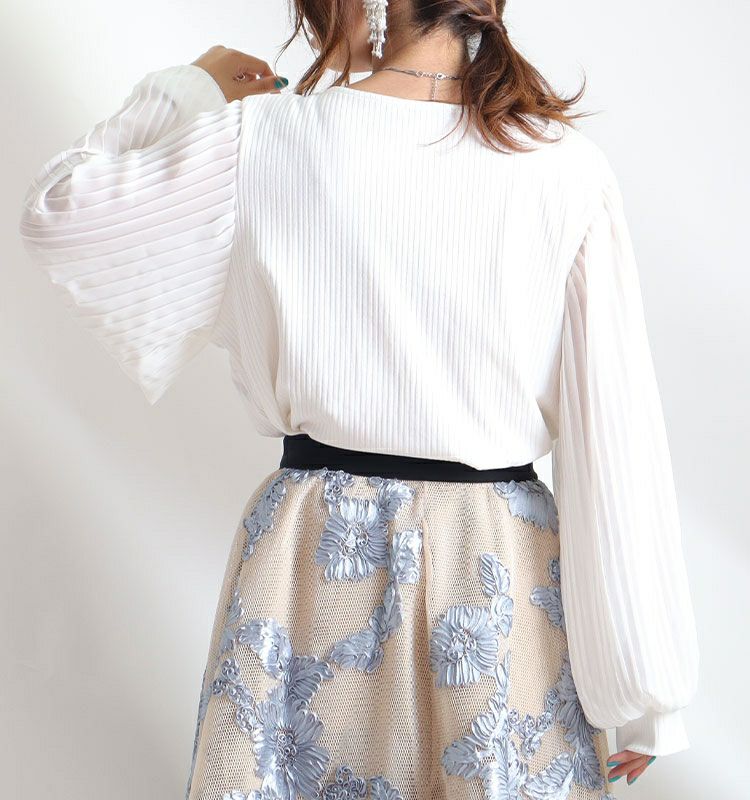 大きいサイズ レディース 袖シフォンプリーツリブニットシャツ　mncut-112430