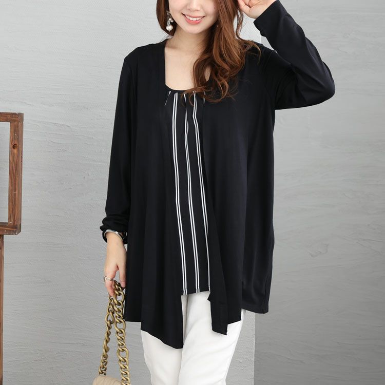 大きいサイズ レディース ストライプ柄フェイクレイヤードトップス　jp376