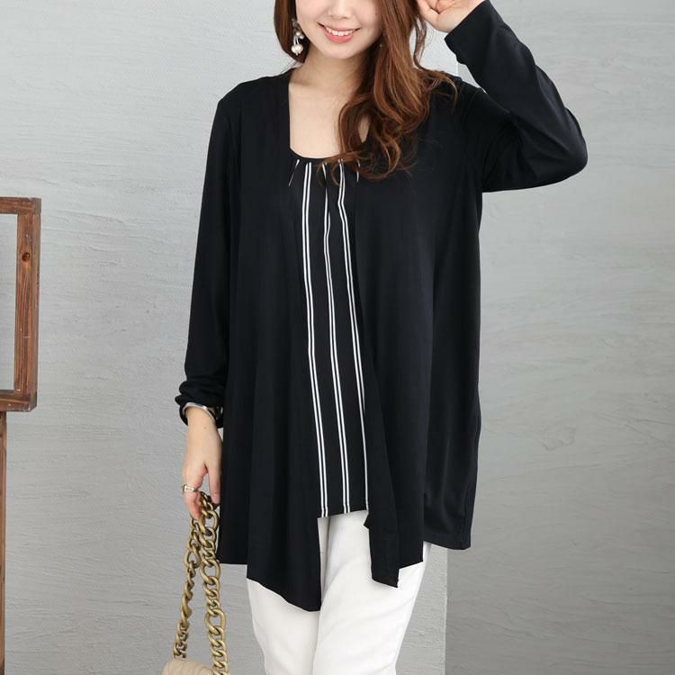 大きいサイズ レディース ストライプ柄フェイクレイヤードトップス　jp376 ブラック
