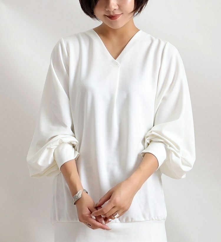 大きいサイズ レディース ボリューム袖Vネックカットソー　mncut-112447