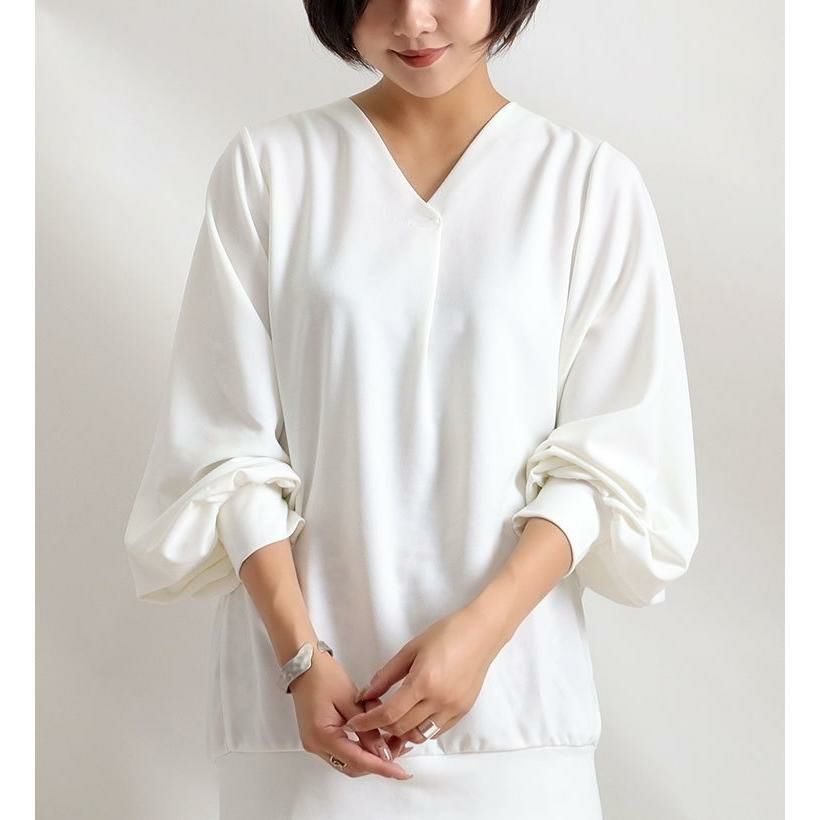 大きいサイズ レディース ボリューム袖Vネックカットソー　mncut-112447 オフホワイト