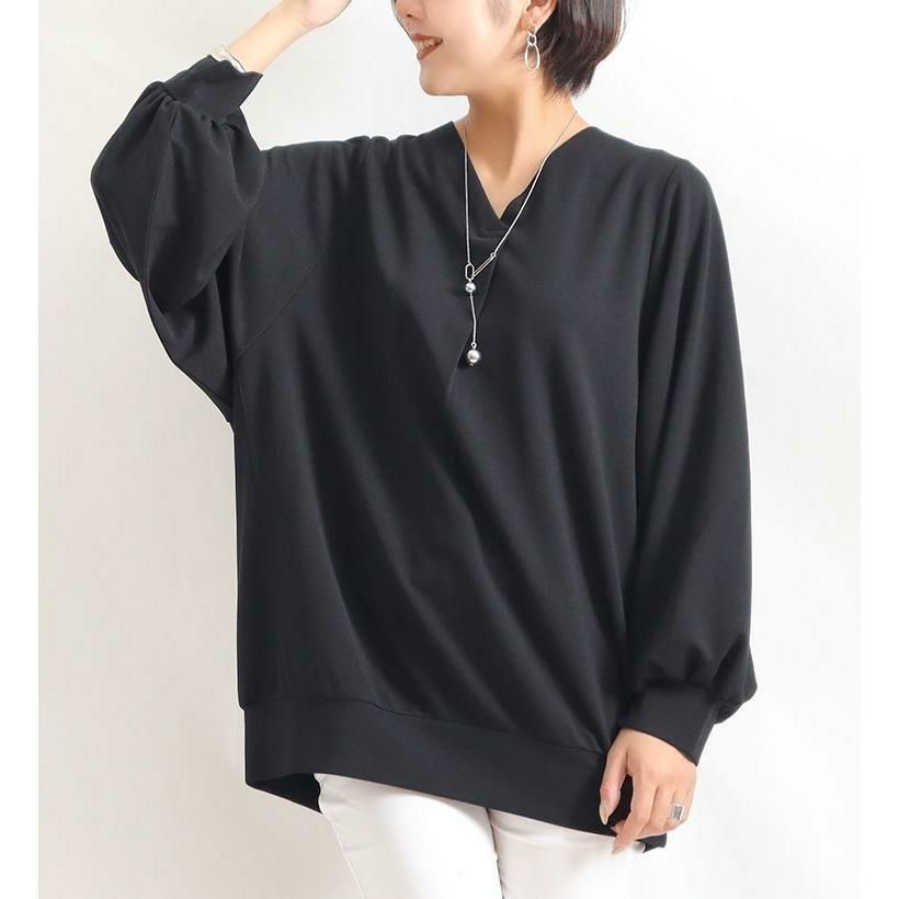 大きいサイズ レディース ボリューム袖Vネックカットソー　mncut-112447 ブラック