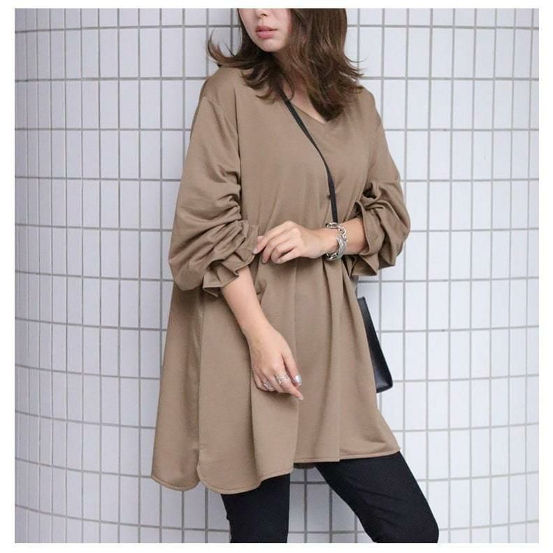 大きいサイズ レディース キャンディースリーブVネックカットソー　bai-0076 モカ