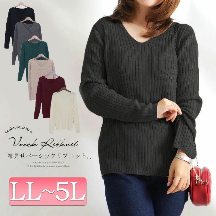 大きいサイズ レディース Vネックリブニット　wn-0114
