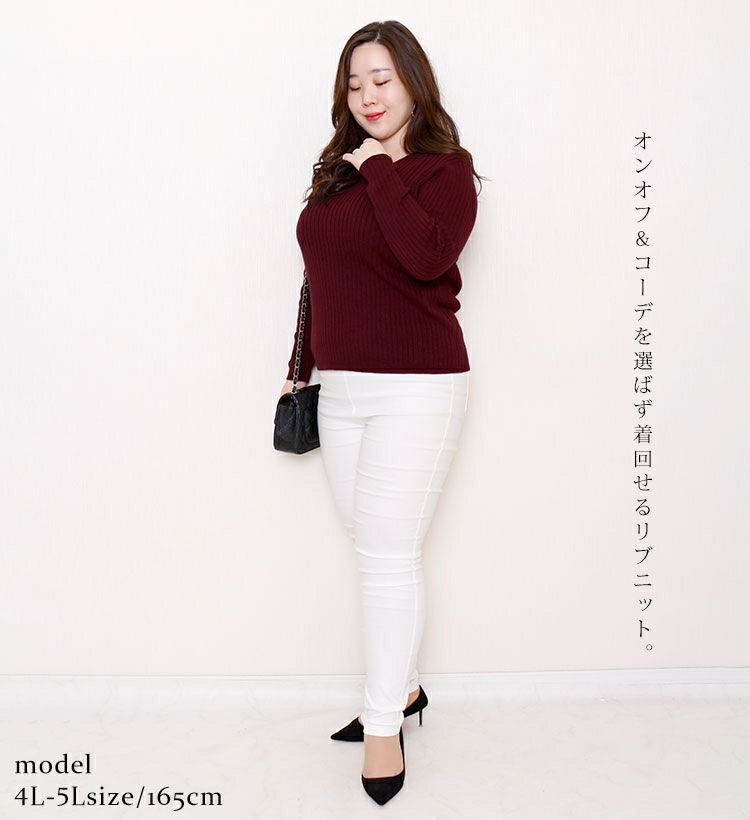 大きいサイズ レディース Vネックリブニット　wn-0114