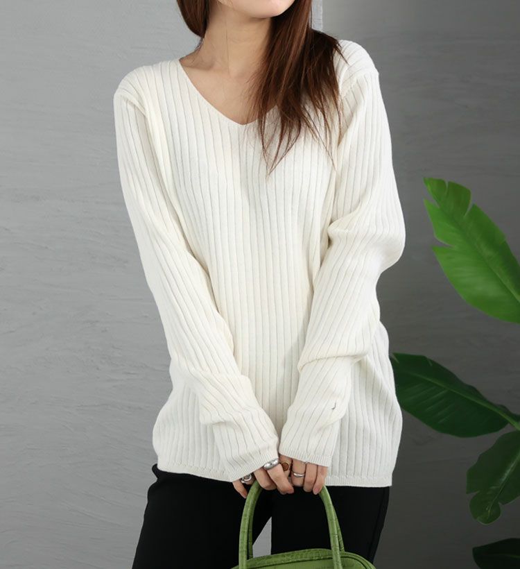 大きいサイズ レディース Vネックリブニット　wn-0114