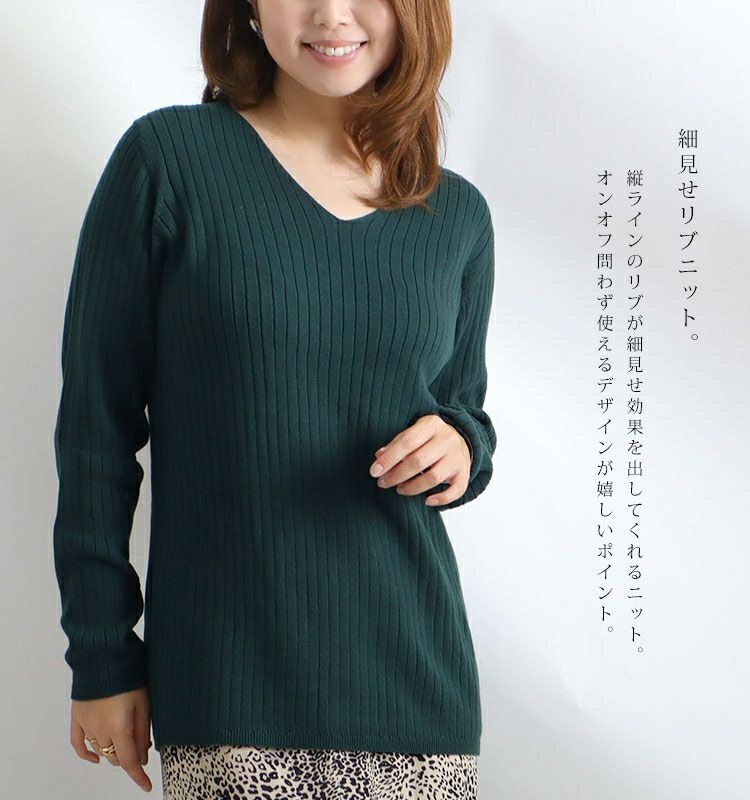 大きいサイズ レディース Vネックリブニット　wn-0114