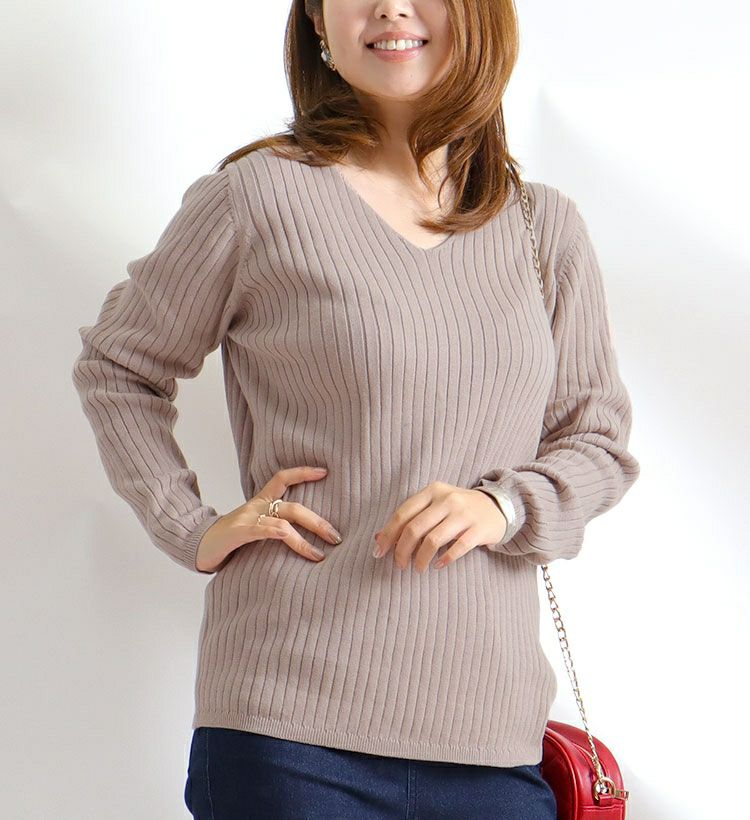 大きいサイズ レディース Vネックリブニット　wn-0114