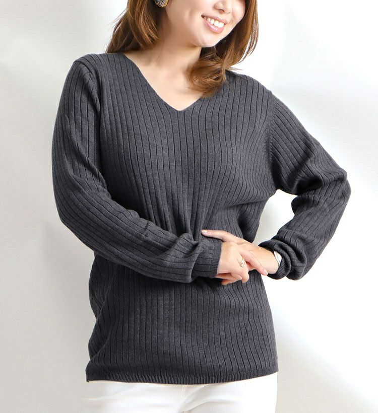 大きいサイズ レディース Vネックリブニット　wn-0114