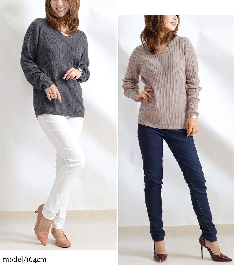 大きいサイズ レディース Vネックリブニット　wn-0114