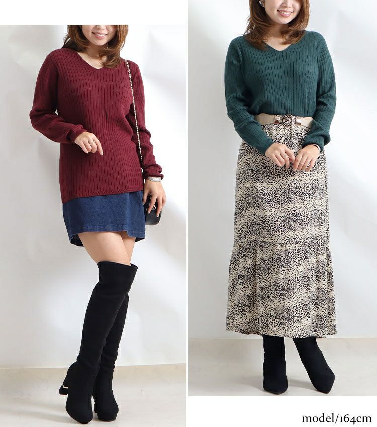 大きいサイズ レディース Vネックリブニット　wn-0114