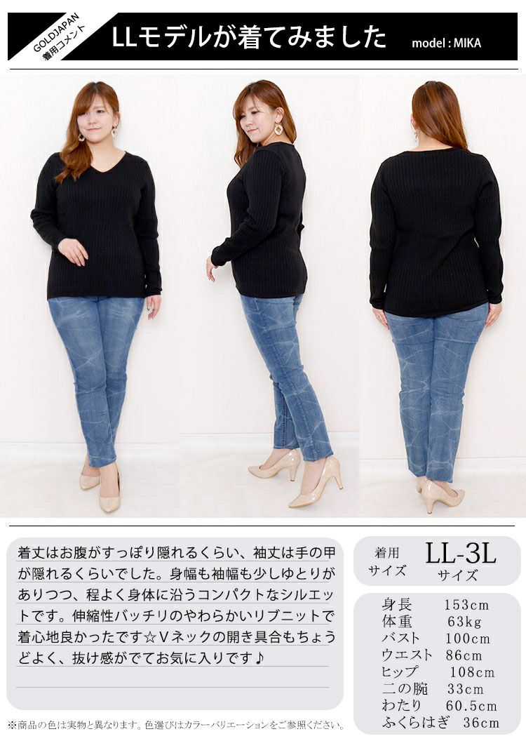 大きいサイズ レディース Vネックリブニット　wn-0114