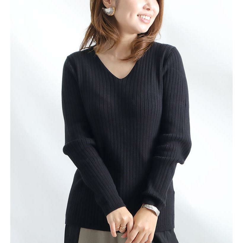 大きいサイズ レディース Vネックリブニット　wn-0114 ブラック