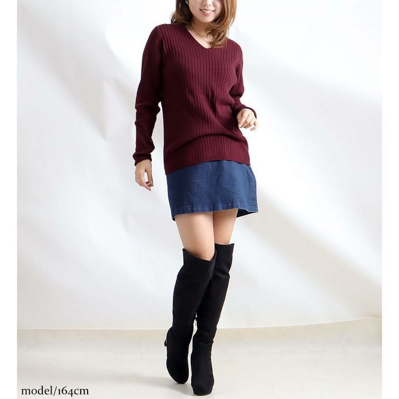 大きいサイズ レディース Vネックリブニット　wn-0114 バーガンディ