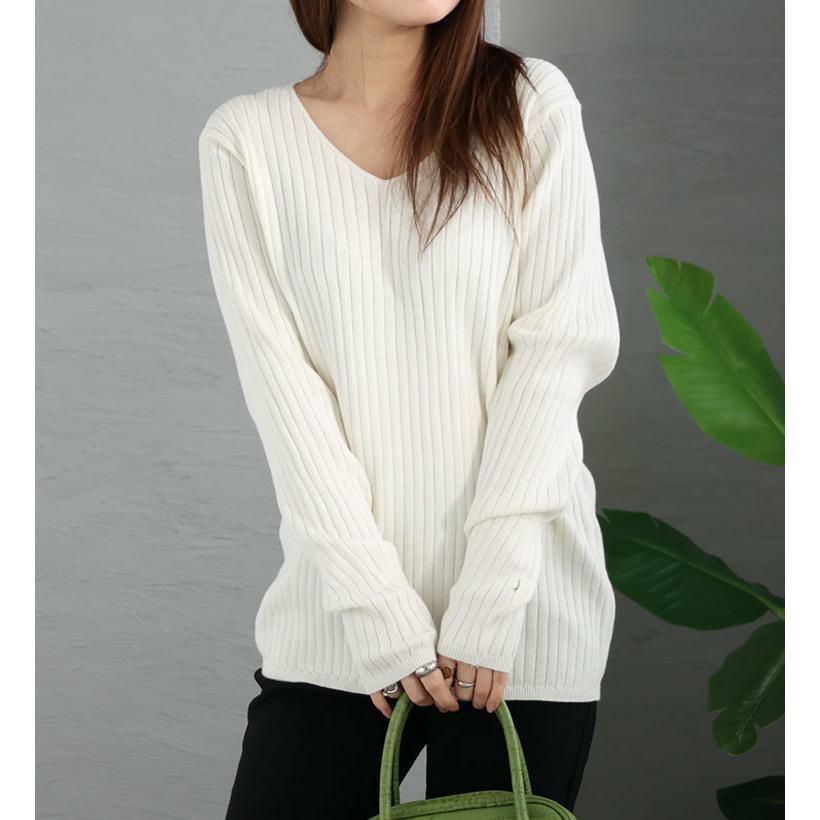 大きいサイズ レディース Vネックリブニット　wn-0114 オフホワイト