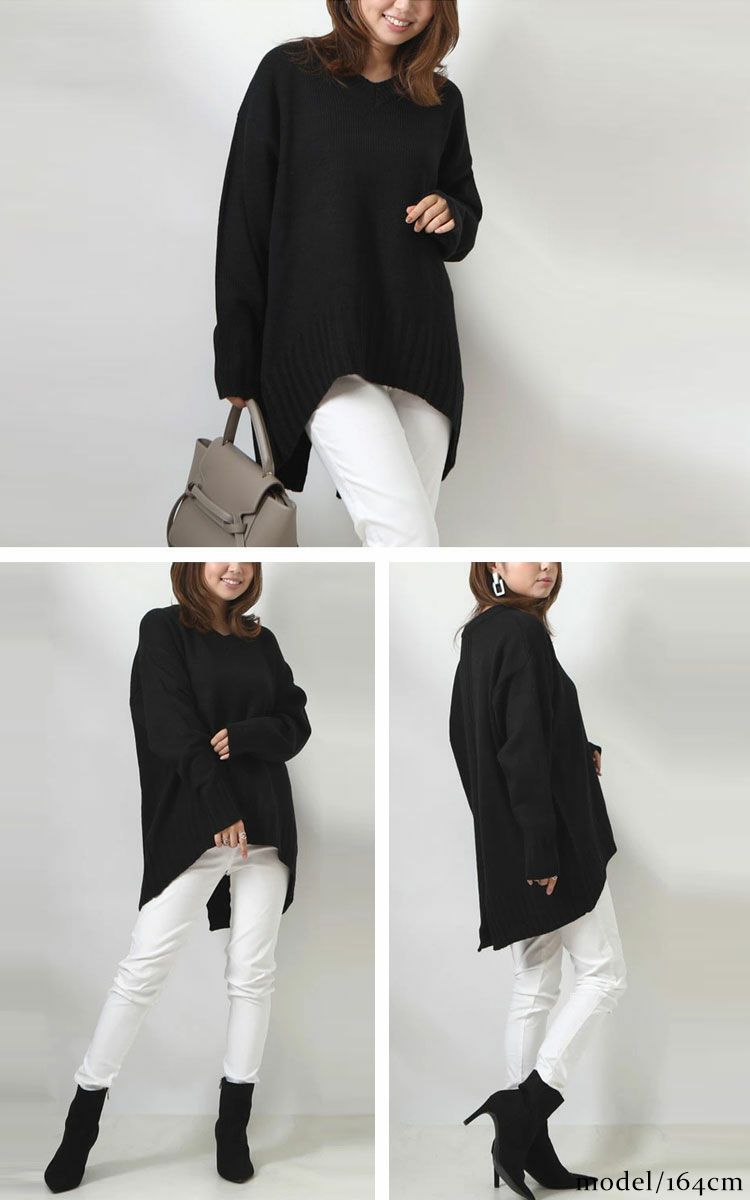 大きいサイズ レディース バックスリット入りVネックリブニット　bro-swnsan03