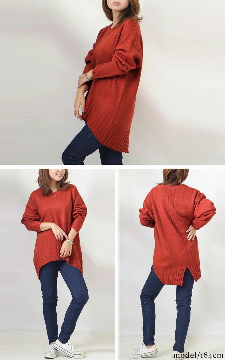 大きいサイズ レディース バックスリット入りVネックリブニット　bro-swnsan03