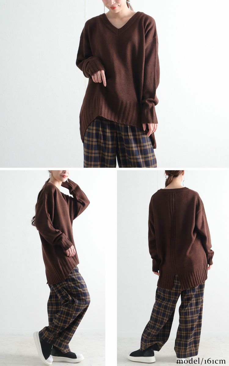 大きいサイズ レディース バックスリット入りVネックリブニット　bro-swnsan03