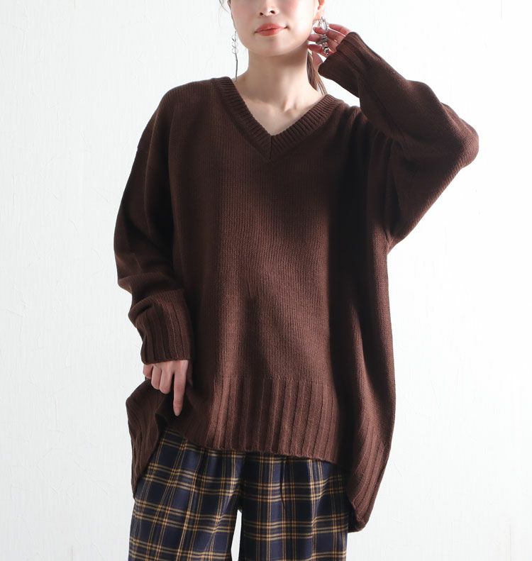 大きいサイズ レディース バックスリット入りVネックリブニット　bro-swnsan03