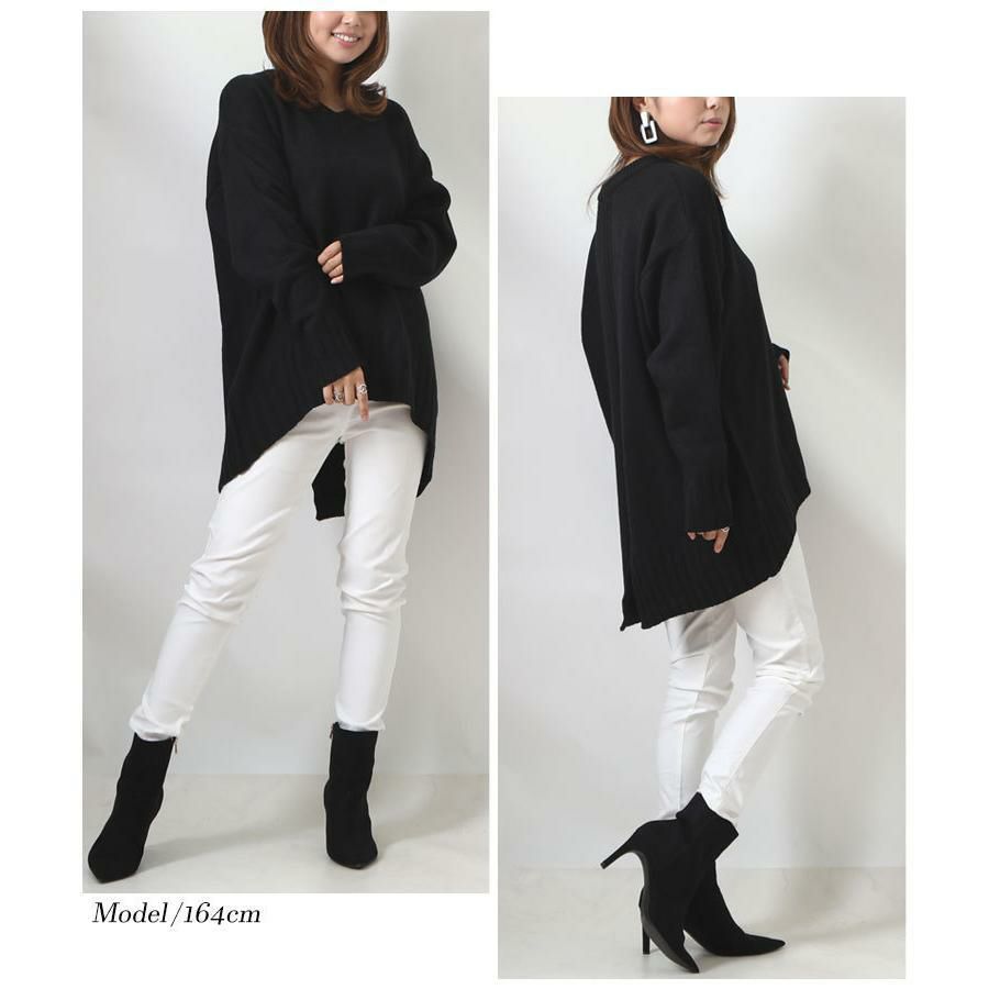 大きいサイズ レディース バックスリット入りVネックリブニット　bro-swnsan03 ブラック