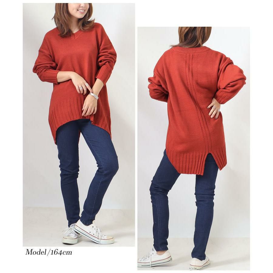 大きいサイズ レディース バックスリット入りVネックリブニット　bro-swnsan03 オレンジ