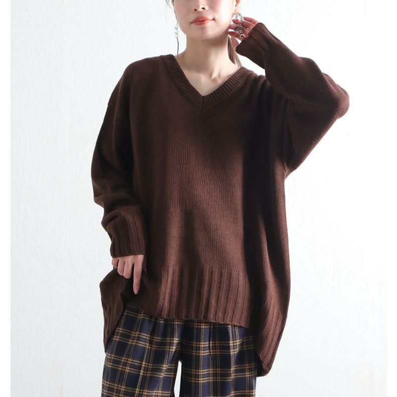 大きいサイズ レディース バックスリット入りVネックリブニット　bro-swnsan03 チョコブラウン