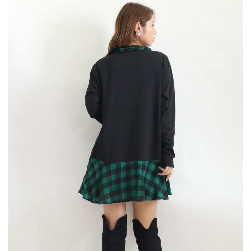 大きいサイズ レディース チェック柄チュニックワンピース　goldy-785 【メール便可】 ブラック×グリーン