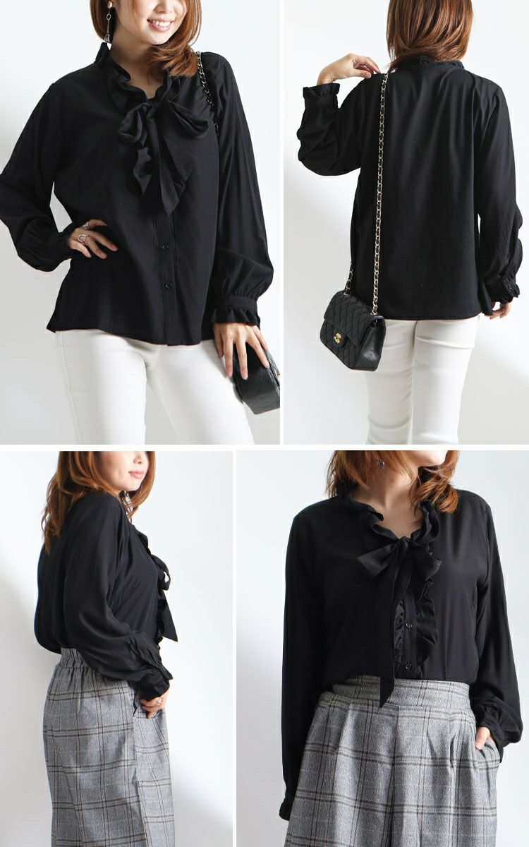 大きいサイズ レディース ストレッチカットソー切替えリボンタイフリルブラウス　fem-200