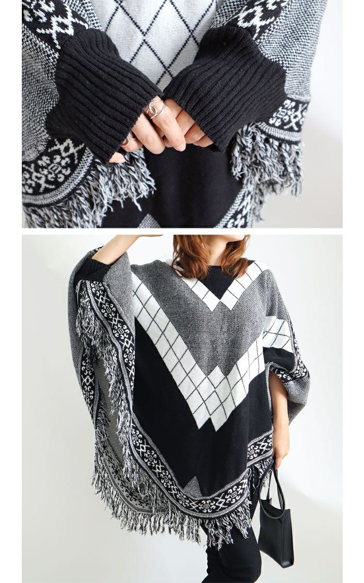 大きいサイズ レディース フリンジニットポンチョ　nhtb-210623