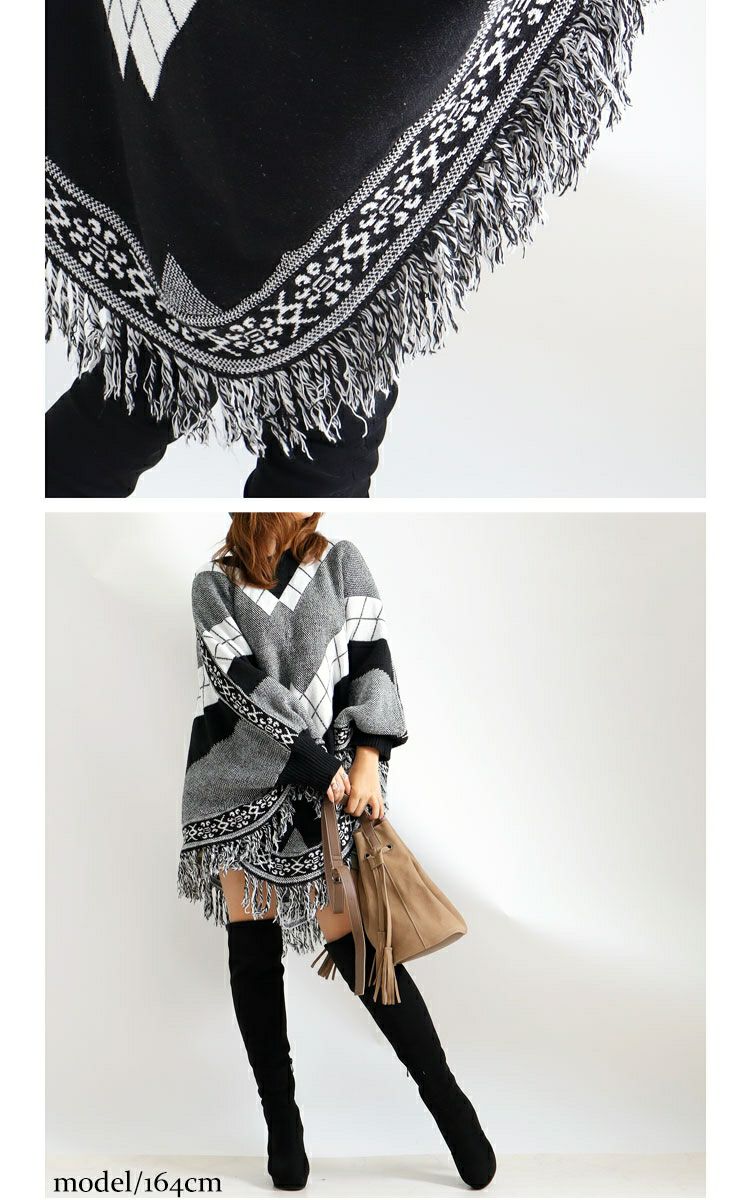 大きいサイズ レディース フリンジニットポンチョ　nhtb-210623