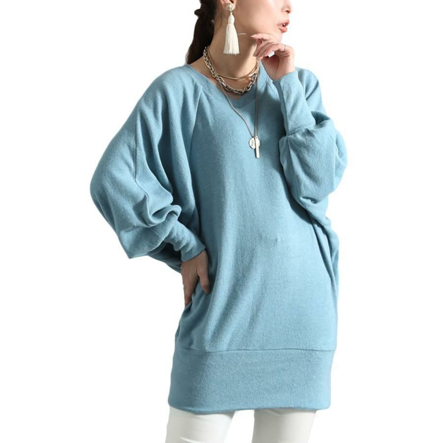 大きいサイズ レディース 起毛ニットドルマンチュニック　kt-41102 ブルー
