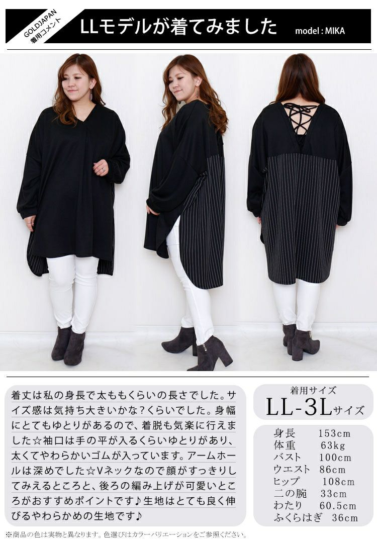 大きいサイズ レディース ストライプ切替えプルオーバー　bai-0085