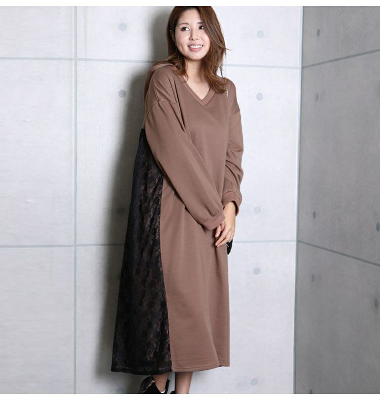 大きいサイズ レディース バックレースパーカーロングワンピース　bai-0081