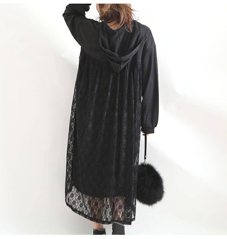 大きいサイズ レディース バックレースパーカーロングワンピース bai