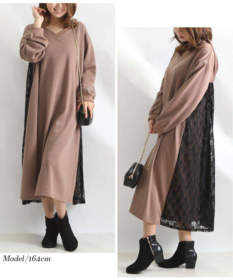 大きいサイズ レディース バックレースパーカーロングワンピース　bai-0081