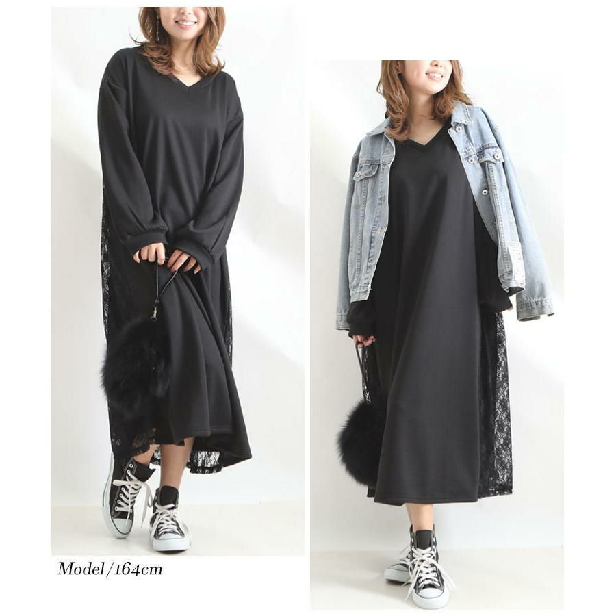 大きいサイズ レディース バックレースパーカーロングワンピース　bai-0081 ブラック
