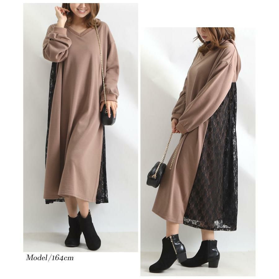 大きいサイズ レディース バックレースパーカーロングワンピース　bai-0081 モカ