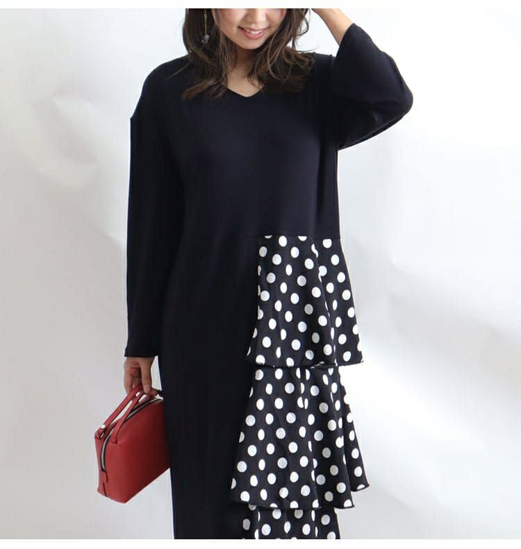 大きいサイズ レディース ドット柄ティアード切替えワンピース　jp391