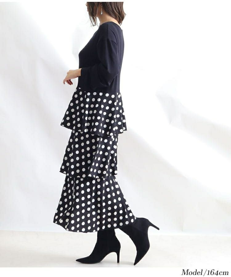 大きいサイズ レディース ドット柄ティアード切替えワンピース　jp391