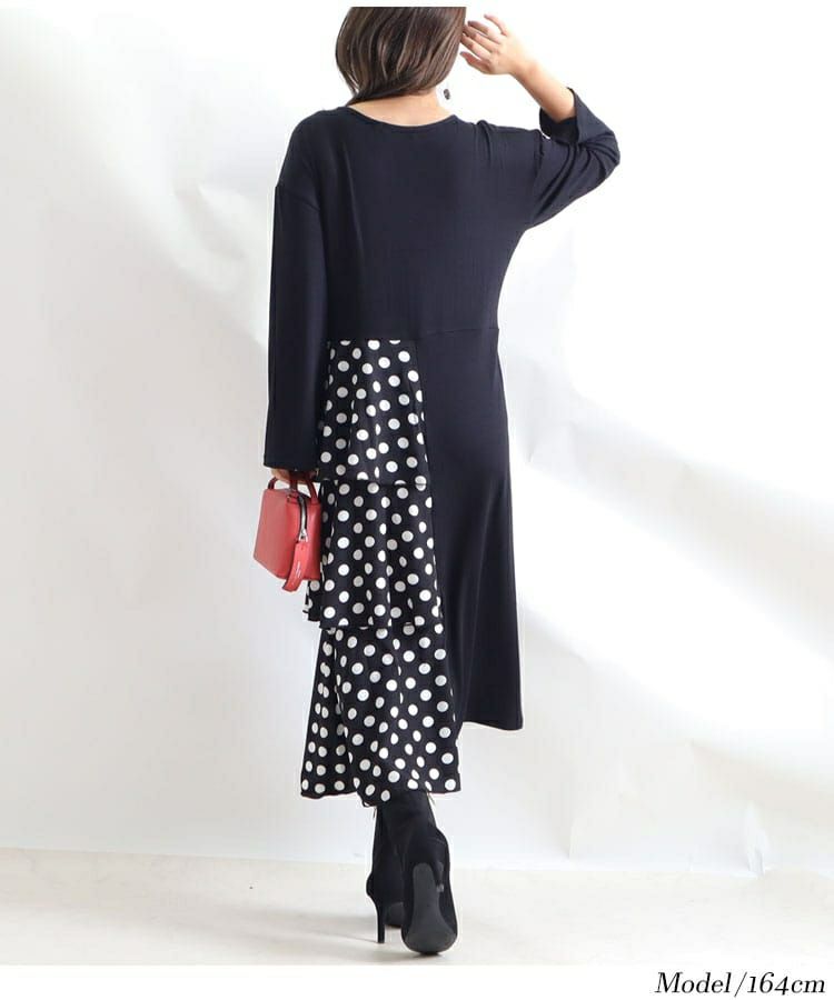 大きいサイズ レディース ドット柄ティアード切替えワンピース　jp391