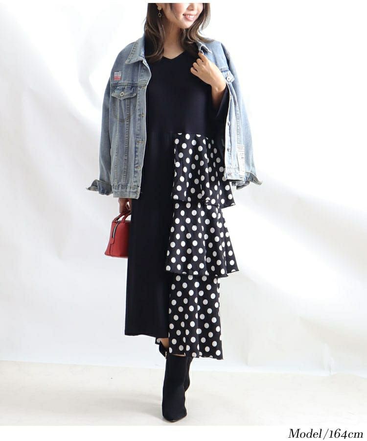 大きいサイズ レディース ドット柄ティアード切替えワンピース　jp391
