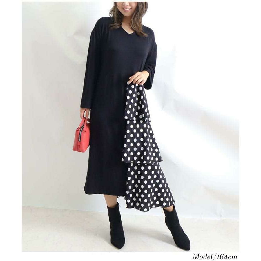 大きいサイズ レディース ドット柄ティアード切替えワンピース　jp391 ブラック