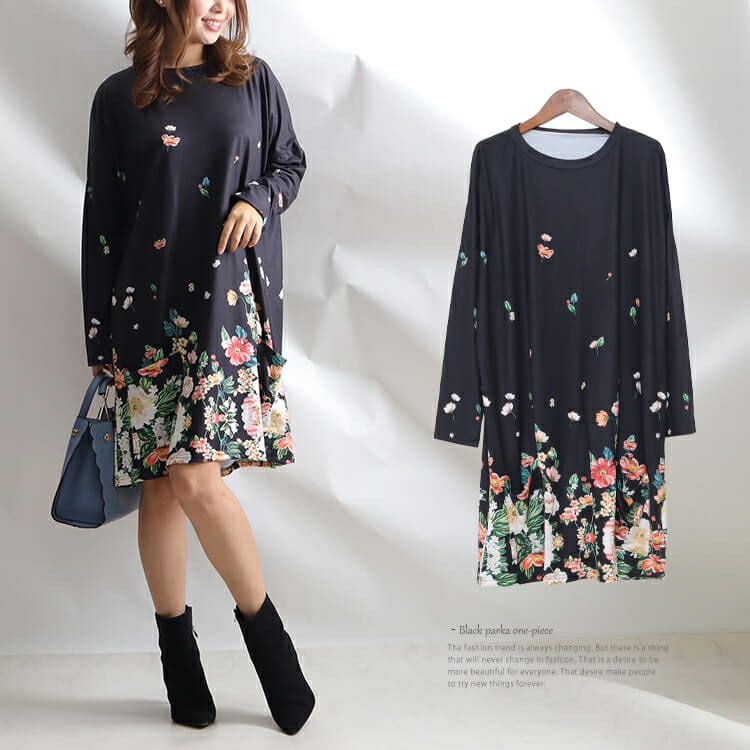 大きいサイズ レディース フワラー長袖チュニックワンピース　goldy-866 【メール便可】