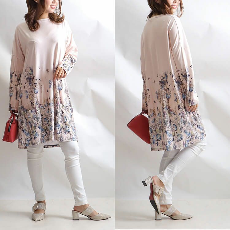 大きいサイズ レディース フワラー長袖チュニックワンピース　goldy-866 【メール便可】